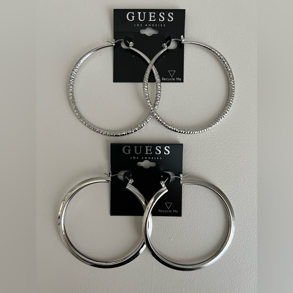 Two Brand New Pairs of Guess Extra Large Hoop Earrings - Silver Color